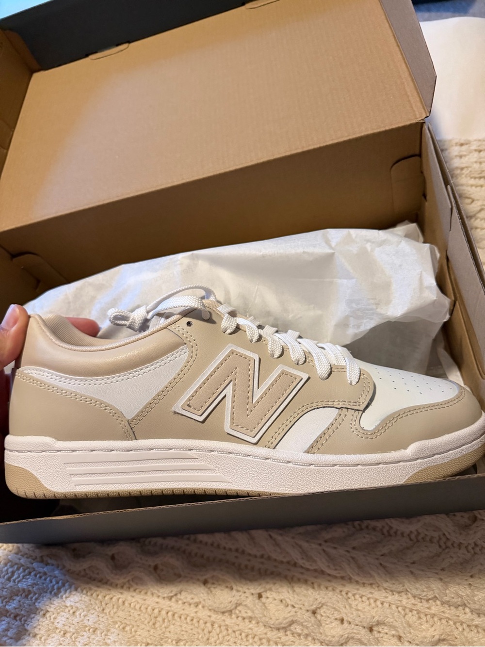 New Balance Beige and White Low-Top Sneakers